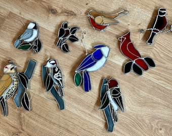 Vintage Leaded Stained Glass Wild Bird Sun-catchers Ornaments - 9 Available: Cardinal, Hummingbird, Blue Jay, Chickadee, Flicker, Woodpecker