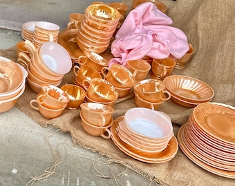 Vintage Fire King Peach Lustre Dinnerware Set - Laurel Leaf, 21