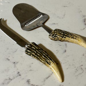 Vintage Cheese Serving Utensils Slicer & Knife w/Faux Antler Handles Set of 2 • Boston Warehouse Slicers Knives • A Great Bridal Shower Gift