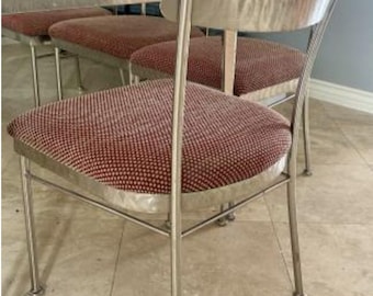 1980s Cal-Style Brushed Steel Dining Set | Industrial High-Tech Glass Top Table & 8 Chairs