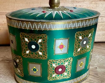 Vintage MidCentury English Dutch Tea Biscuit Cookie Tins w/Gold Knobs Fairy & Modern OZ Design • Boho Cottage Home Decor Gift Trinket Tin