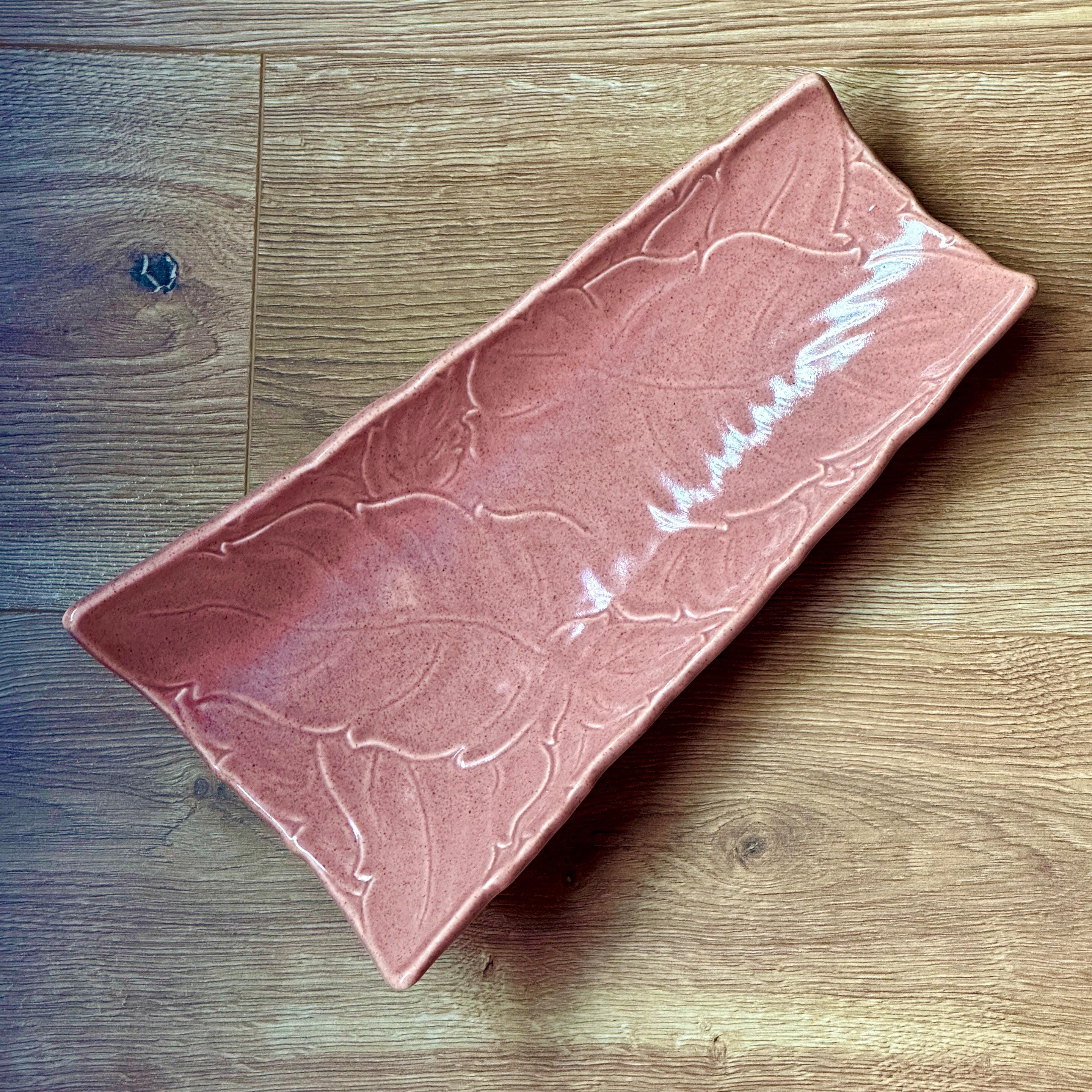 Vintage Midcentury Steubenville Pottery Woodfield Pattern Centerpiece Tray /Bowl Dish in Coral Salmon Pink - 1950s  Leaf Nature Design