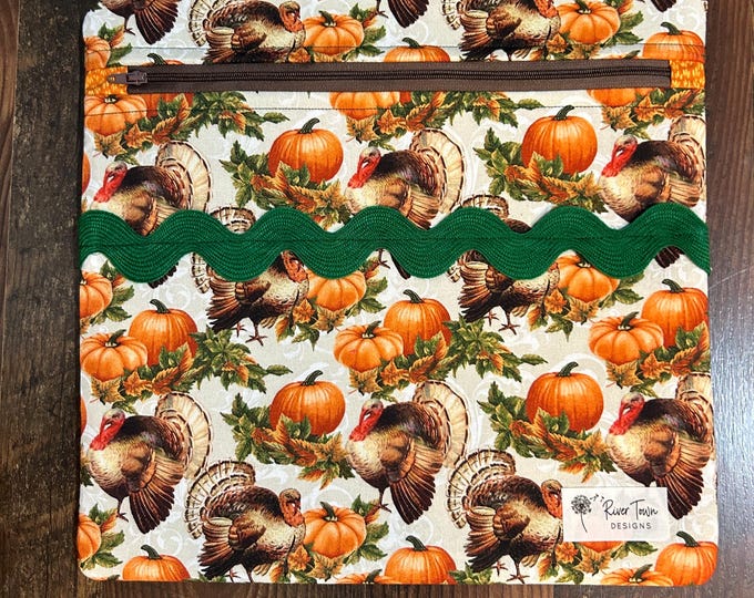 Fall Pumpkin and Turkey Cross Stitch Project Bag 12.5x12.5 inches