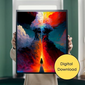 Puede incluir: Una descarga digital de una pintura que representa a una mujer de pie frente a un paisaje abstracto, colorido e inflamado. El paisaje está dominado por una gran formación nubosa giratoria con una columna central de fuego.