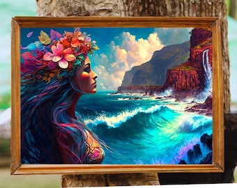 Ocean Art Goddess Namaka Art Print Hawaiian Sea Deity Wall Decor Enchanting Mythology Unique Island Scene Coastal Home Decoration Hawaii Art