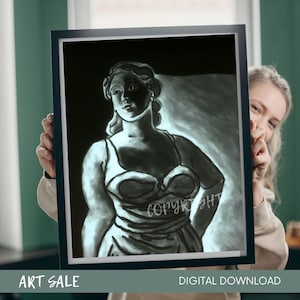 Art Print - Charcoal Drawing - Female Full Figure - Black and White Print - Digital Download - voluptuous woman - curvy girl drawing - art