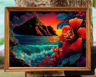 Hawaiian Landscape Wall Art - natural landscape - beautiful colorful art - hibiscus flowers plumeria hawaiian flowers - aloha spirit