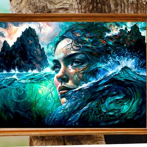 Blue Water Goddess Art Print Hawaiian Mythology Beachfront Wall Decor Divine Oceanic Scene Coastal Home Decoration Island Theme Hawaii Print