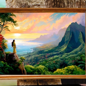 Joie de vivre impression d'art hawaïen femme donnant sur de beaux paysages impression côtière art peinture Kauai artiste art paysage art d'Hawaï