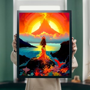 Impressão artística da deusa do oceano, cena mitológica da sereia, decoração de parede encantadora, lenda da sereia, arte única do mar, decoração costeira para casa, arte vulcânica