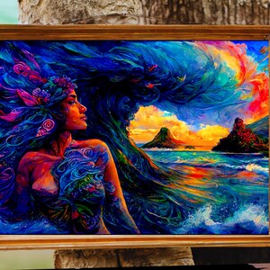 Oahu Beach Art Print Tropical Coastal Scene Island Wall Decor Serene Ocean View Home Decoration Hawaii Poster Hina Goddess Hawaiian Ocean