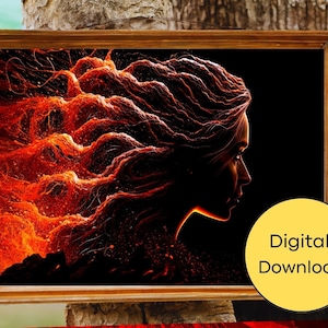 Può includere: Un download digitale di un'opera d'arte incorniciata che presenta la silhouette di una donna con capelli fluidi e infuocati su uno sfondo nero. Il testo "Download digitale" è in un cerchio giallo nell'angolo in basso a destra.