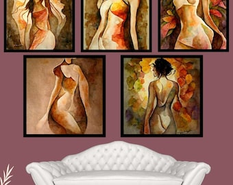 5 Female Form Art Prints - Set of 5 - digital download, canvas art painting, office wall decor, boho living room,bedroom wall decor, autumn
