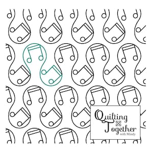 Puede incluir: Un patrón blanco y negro de notas musicales en un diseño de bucle continuo. El patrón se repite en toda la imagen. Una nota musical se destaca en azul turquesa. El texto "Quilting Together with Mindy" está en la esquina inferior derecha de la imagen.