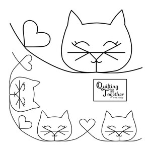 May include: Black and white line art featuring cat faces and hearts. The image includes the text "Quilting Together with Mindy" in a rectangular box. The cat faces have closed eyes and whiskers.