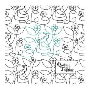 May include: Line art design featuring a repeating pattern of figures in bonnets, flowers, and leaves. The central figure is highlighted in teal. The image includes the text "Quilting Together with Mindy" in a rectangular box.