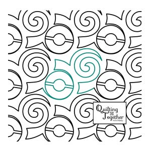 May include: Black and white quilting pattern with a teal circle in the center. The pattern is made up of swirls and circles. The text "Quilting Together with Mindy" is in the bottom right corner.