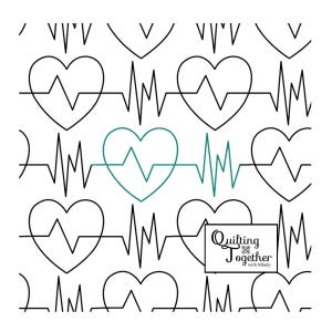 May include: A white background features a repeating pattern of black heart shapes with a heartbeat line, and a teal heart with a heartbeat line. The text "Quilting Together with Mindy" is in a white box.