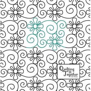 May include: A repeating pattern of black line art featuring stylised flowers and swirling scrolls on a white background, with a central section highlighted in teal. A rectangular box in the bottom right corner contains the text Quilting Together with Mindy.