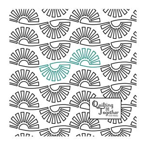 May include: Black and white geometric pattern of sunbursts with a teal sunburst in the center. The text "Quilting Together with Mindy" is in a white box with a black border.