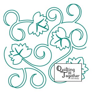 May include: A teal blue line drawing of a vine with leaves and swirls. The text "Quilting Together with Mindy" is in a white box.