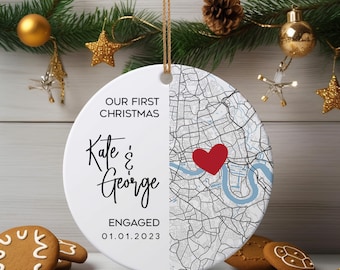 Engagement Location Ornament - Memorable Gift for Newlyweds, Our First Christmas & Anniversary Keepsake for Him, Couple Announcement gift