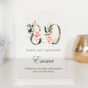 Custom 80th Birthday Acrylic Plaque – Personalized Milestone Gift for Grandma, Elegant Floral Keepsake, Unique Christmas or Birthday Present