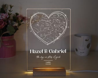 Luz de noche con mapa estelar personalizado, regalo de compromiso para él y para ella, mapa de constelaciones personalizado por fecha, regalo de aniversario con mapa estelar de la noche en que nos conocimos