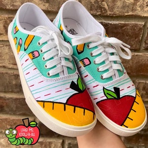 Adult Hand-Painted School Supply Shoes, Cute Student & Teacher School Shoes, Teacher Appreciation Gift, Personalized, End of Year Summer