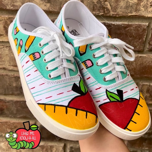 Adult Hand-Painted School Supply Shoes, Cute Student & Teacher School Shoes, Teacher Appreciation Gift, Personalized, End of Year Summer