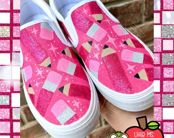 Jugend glitzernde handbemalte Bleistift-Slip-On-Schuhe für Kinder, süße rosa Bleistiftschuhe, Jahresende, Sommer, Schulanfang, erster Tag, Vans