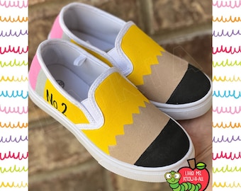 Jugend handbemalte Bleistift Slip-On Schuhe, süßes Geschenk, Schulschuhe, Sommergeschenk, handgemacht, Schulanfang Geschenke, Kinder Vans