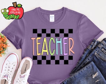Racing Teacher TShirt, Cute Checker Teacher Tee, Pastel Rainbow Teacher Shirt, Teacher End of Year Summer Gift Ideas, Teacher Appreciation