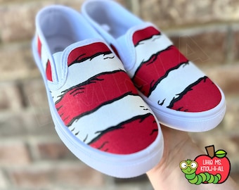 Jugendlich gestreifte handbemalte Slip-on-Schuhe, gemalte Kinderschuhe, Katzenbuchschuh, Ende des Jahres Sommer, Schulanfang, Geschenk zum ersten Tag, Vans