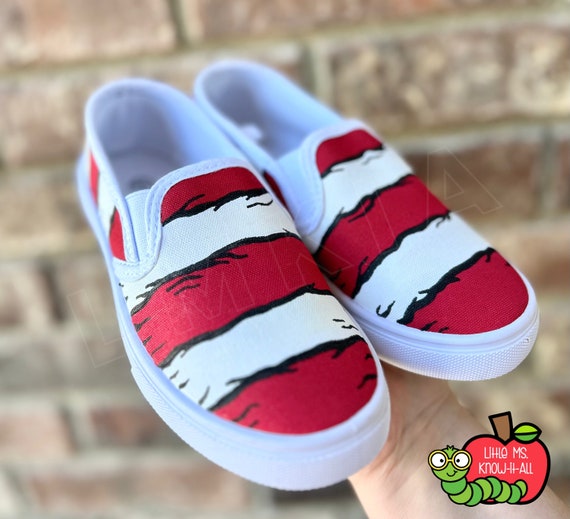Adult Striped Handpainted Slip on Shoes Cute Painted Shoes for Teachers Cat Book Shoe End of Year Summer Gift Back to School First Day Etsy