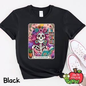 Camiseta con la carta del tarot del esqueleto del ratón de biblioteca, regalo literario para amantes de los libros, San Valentín, profesores, lectura, flores, regalos de febrero, superventas