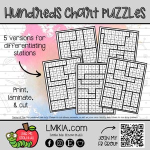 May include: An image of "Hundreds Chart PUZZLES" with five versions for differentiating stations. The graphic includes number puzzles, instructions to print, laminate, and cut, and the website address LMKIA.com.