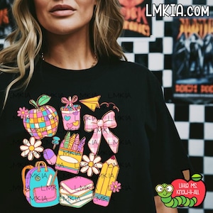 Bright Groovy School Supplies Teacher T-Shirt, Back to School, First Day of School, Meet the Teacher, Pencil, Backpack, Disco Ball Apple