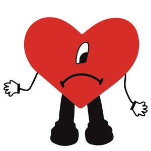 Könnte beinhalten: Eine rote herzförmige Figur mit einem traurigen Ausdruck, die schwarze Schuhe und weiße Handschuhe trägt und die Arme ausgestreckt hat.