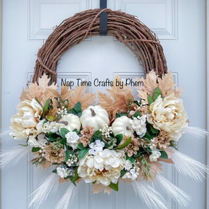 Couronne d'automne, couronne de fleurs mélangées, couronne de style bohème, couronne de citrouille, décoration automne, couronne de porte d'entrée, décoration de porche, décoration bohème, automne crème, pivoine