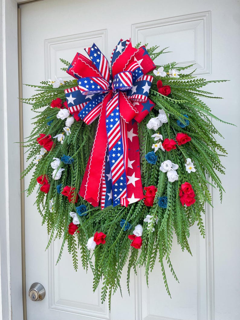 Patriotic Wreath, 4th of July Wreath, Red White and Blue Floral Wreath ...