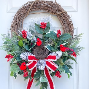 Couronne de Noël cardinale, décoration de porte d&#39;entrée pour les vacances d&#39;hiver, décoration d&#39;oiseau, décoration de porche