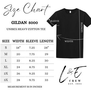 May include: Size chart for Gildan 5000 unisex heavy cotton tee shirts. The chart shows measurements in inches for sizes S through 3X, including width, sleeve length, and overall length.