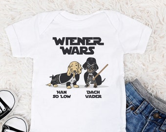 Adorable Wiener Wars (Star Wars Inspired) Infant Baby Rib Bodysuit - Star Wars Fan - Light Sabers - Dachshund Doxie Wiener Dog - Space