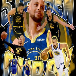Puede incluir: Un collage de imágenes con el jugador de baloncesto Stephen Curry vistiendo una camiseta de los Golden State Warriors. Las imágenes están dispuestas alrededor de la palabra "Curry" en letras grandes de color amarillo. El fondo es un diseño abstracto azul y amarillo.