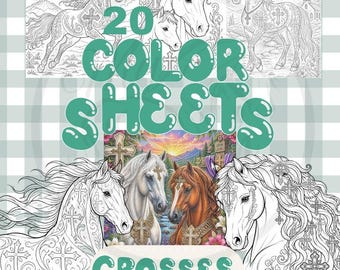 May include: A collection of 20 coloring sheets featuring black and white line art of horses adorned with cross patterns, alongside a central full-color illustration of two horses standing near a cross in a landscape setting.