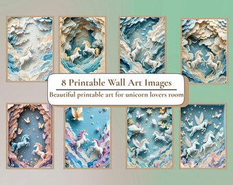 May include: Eight printable wall art images featuring unicorns in a dreamy, pastel-colored landscape. The art includes unicorns with wings, butterflies, and clouds. The text reads "8 Printable Wall Art Images" and "Beautiful printable art for unicorn lovers room."