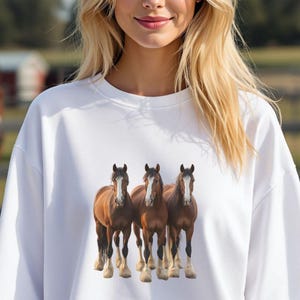 May include: White sweatshirt featuring a graphic of three brown horses with white markings on their faces and legs. The horses are standing side by side. The sweatshirt has a crew neck and long sleeves.