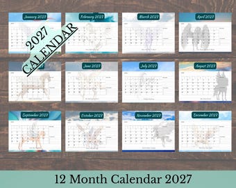 May include: A 2027 calendar featuring twelve monthly pages, each displaying a grid for dates and a faint illustration of a winged horse against a sky background. The text 2027 CALENDAR is printed diagonally across the top left, with 12 Month Calendar 2027 below.