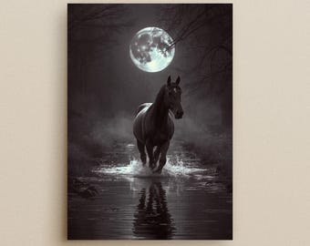 May include: A black and white print of a horse running through water under a full moon. The horse is dark, with water splashing around its legs. The moon is large and bright in the night sky.